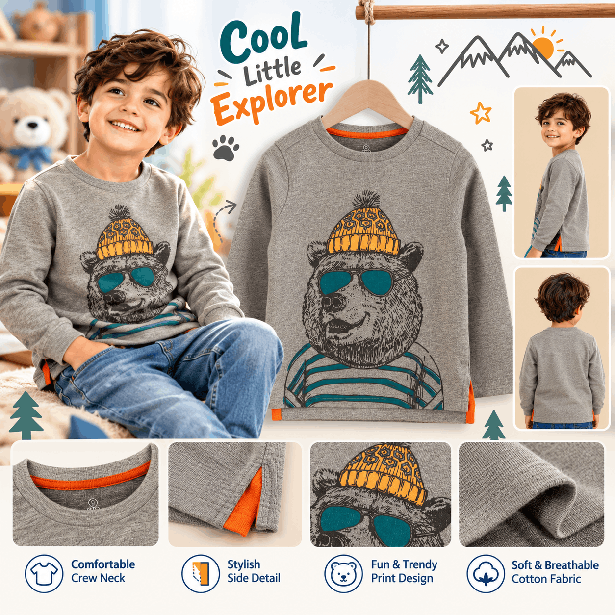 Boys Grey Bear Graphic Print Long Sleeve