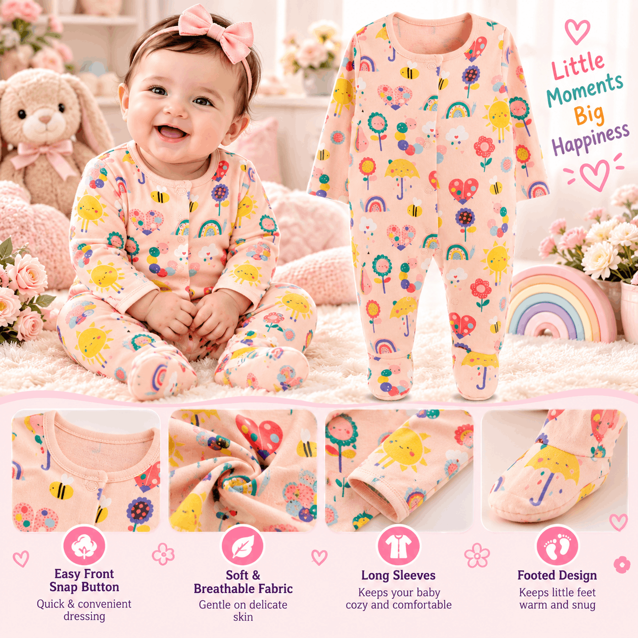 Baby Peach Multi Print Footed Long Sleeve Romper