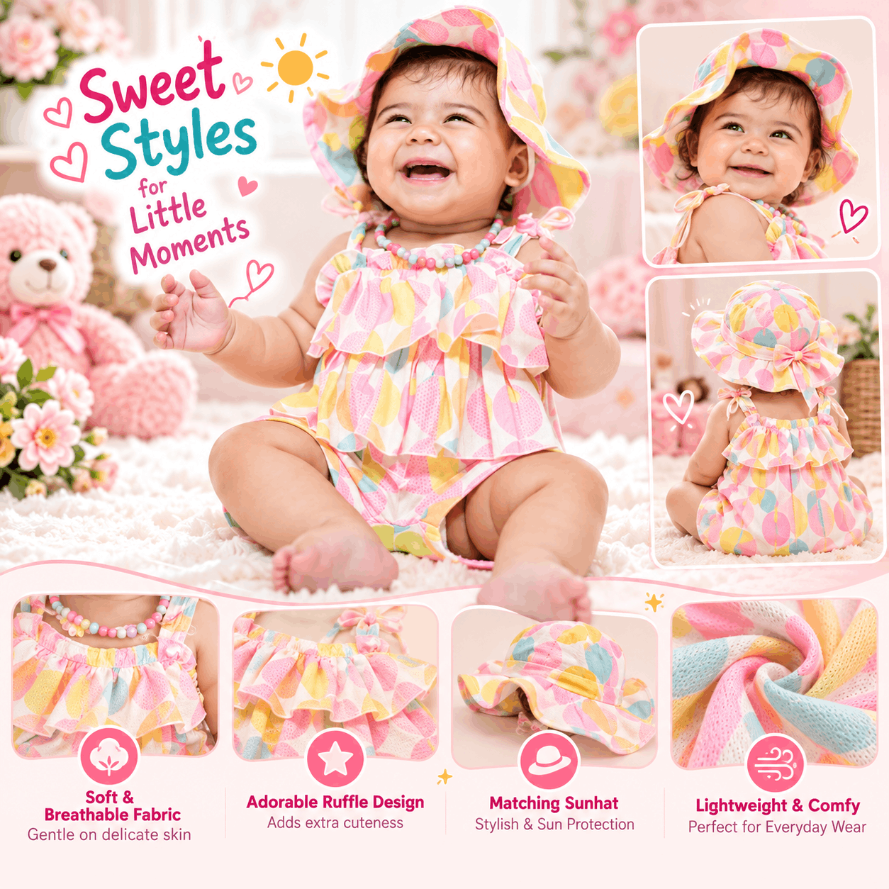 Baby Multicolour Print Ruffle Romper & Sun Hat Set