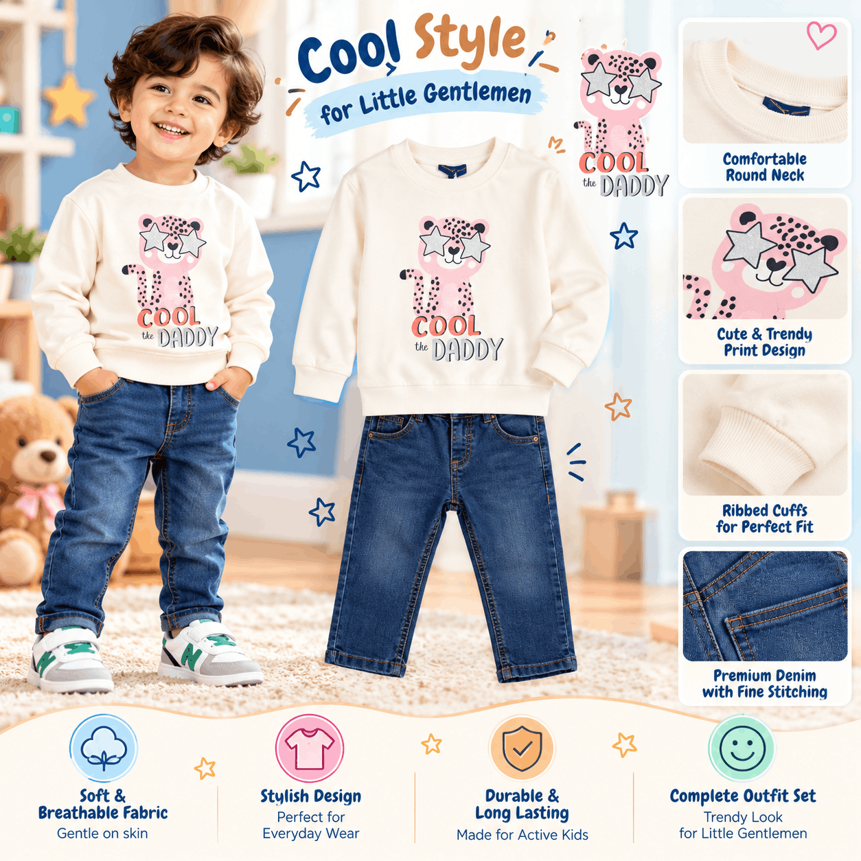 Baby Cream Cheetah Print Sweatshirt & Denim Jeans Set