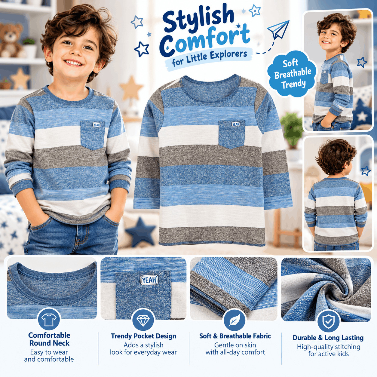 Boys Blue Grey Stripe Long Sleeve Pocket T-Shirt