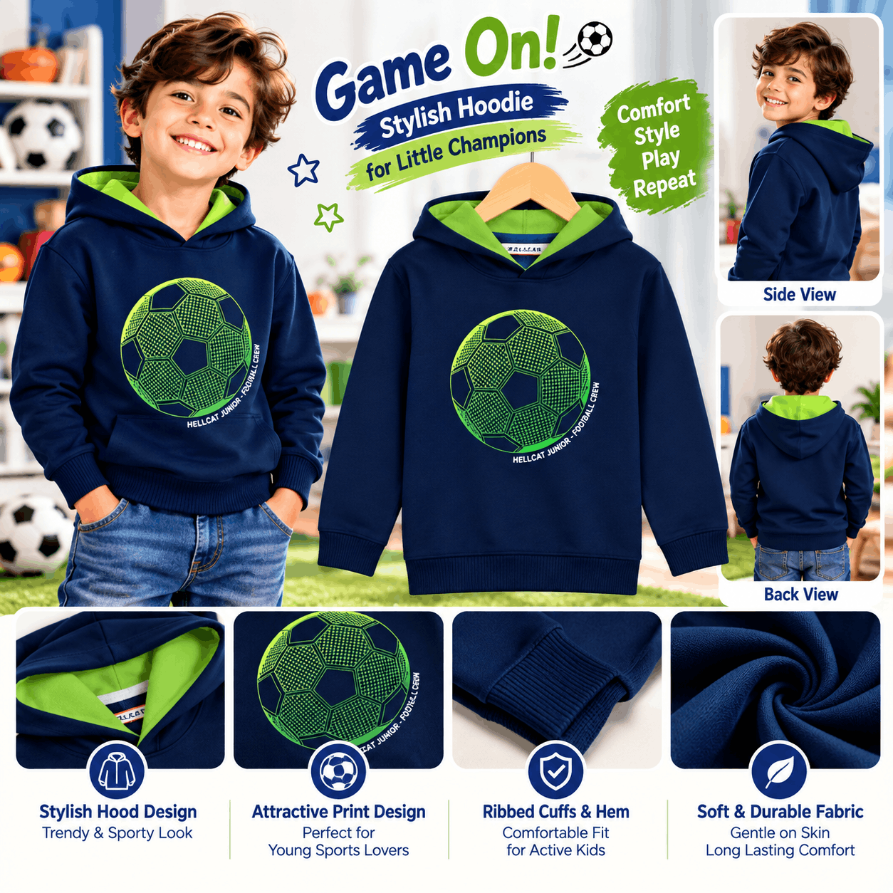 Boys Navy Football Graphic Print Pullover Hoodie – image 2