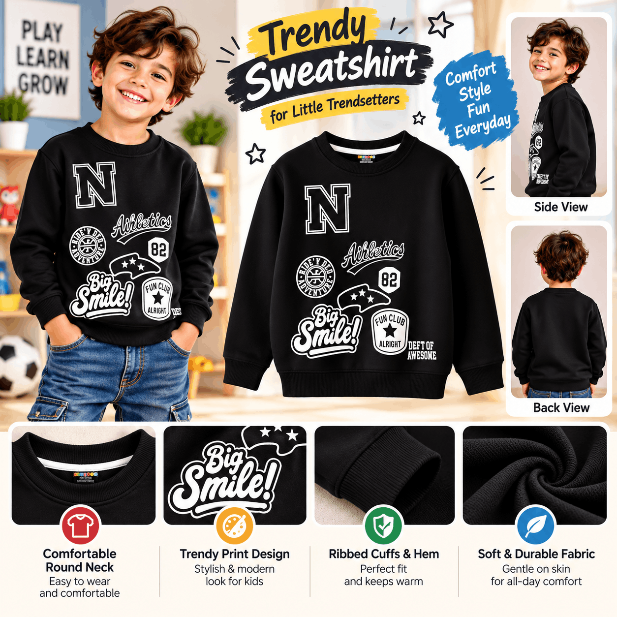 Kids Black Graphic Printed Fleece Sweatshirt