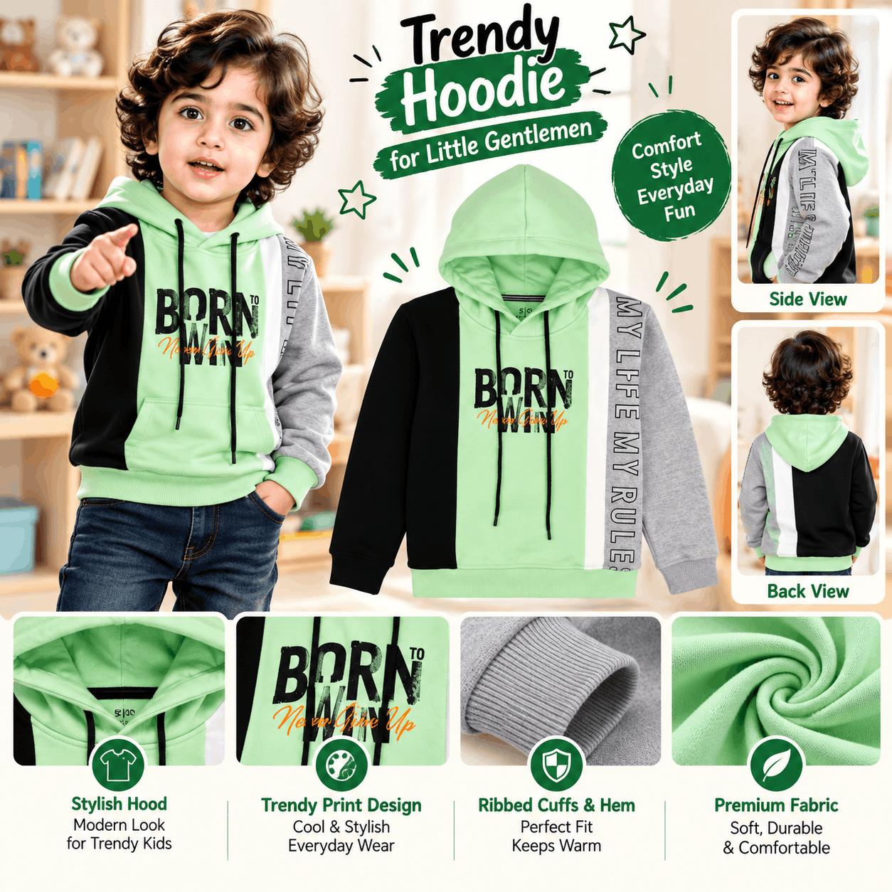 Premium Kids Color Block Cotton Hoodie