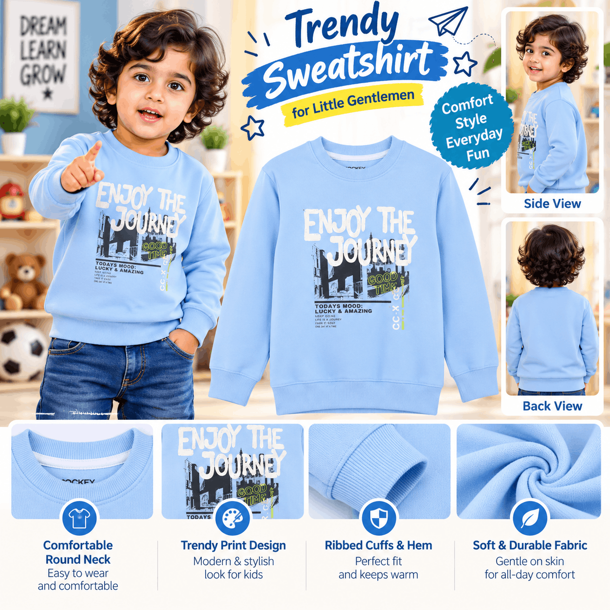 Kids Sky Blue Printed Fleece Sweatshirt